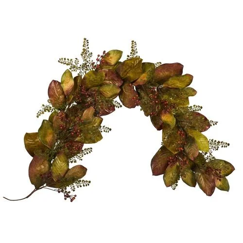 6'Autumn Magnolia Leaf and Berries Artificial Garland