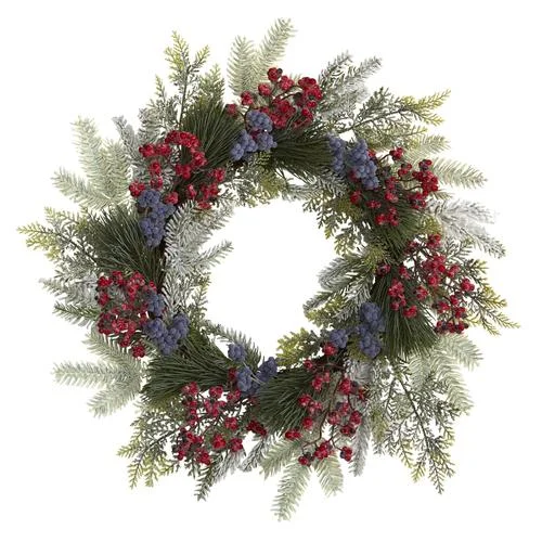 24" Pine and Cedar Artificial Wreath with Berries