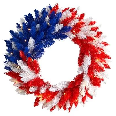 24" Patriotic Red, White and Blue “Americana" Wreath with 35 Warm LED Lights