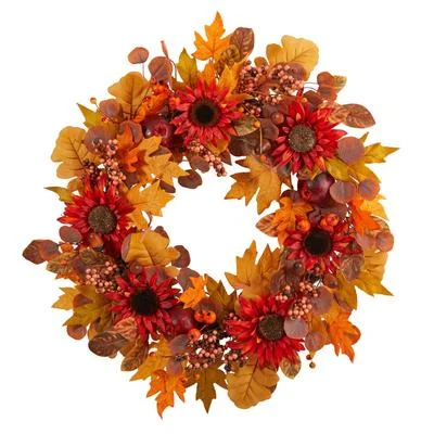 30" Fall Acorn, Sunflower, Berries and Autumn Foliage Artificial Wreath