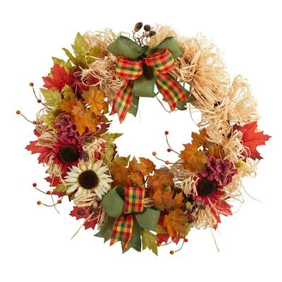 30" Harvest Autumn Sunflower, Maple Leaves and Berries Artificial Fall Wreath with Decorative Bows