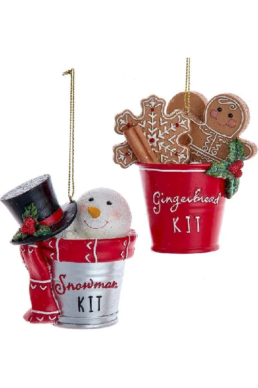 Snowman and Gingerbread In Pail Ornaments