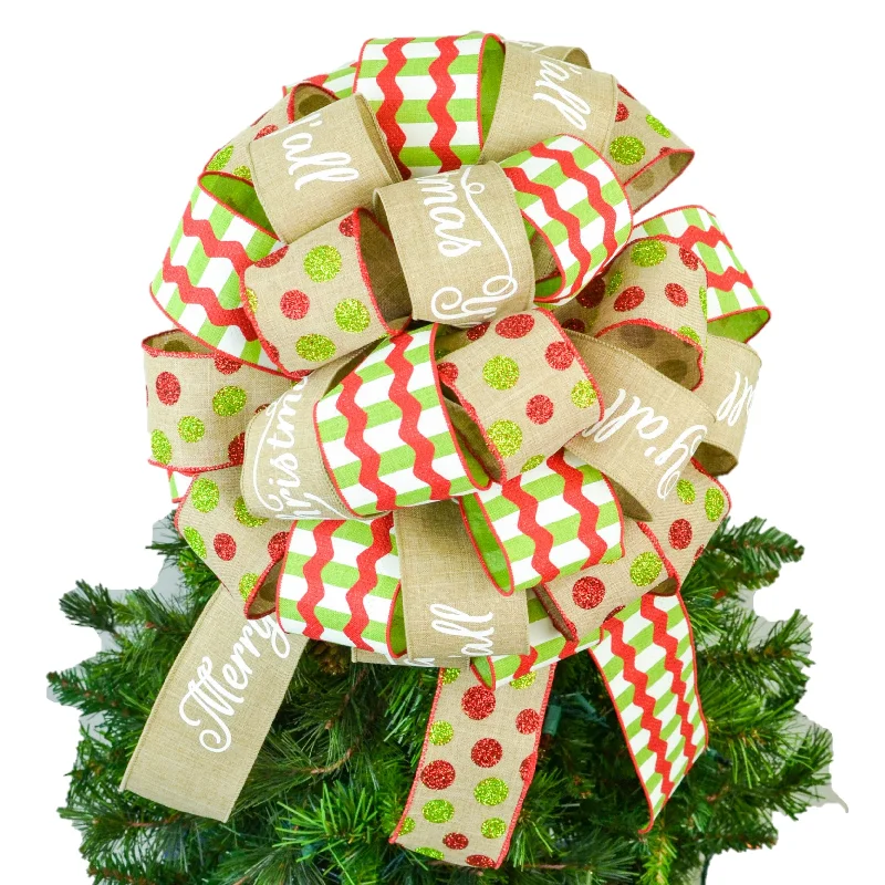 Christmas Tree Bow with Tails | Red Lime Green Burlap | Large Present Bow