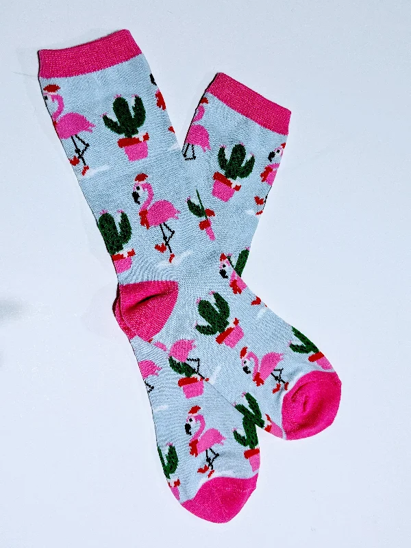 Christmas Flamingo Cactus Crew Socks