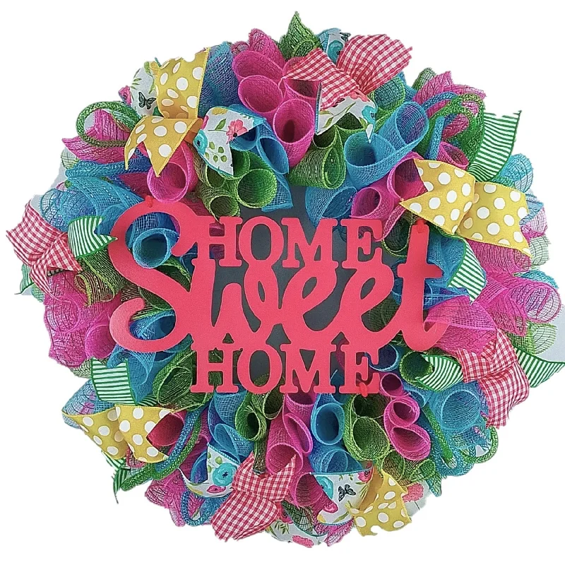 Colorful Ribbon Wreath, Home Sweet Home Decor, Housewarming Gift Idea