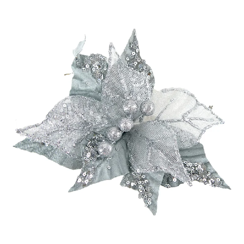 Christmas Clip On Poinsettia, Silver Black