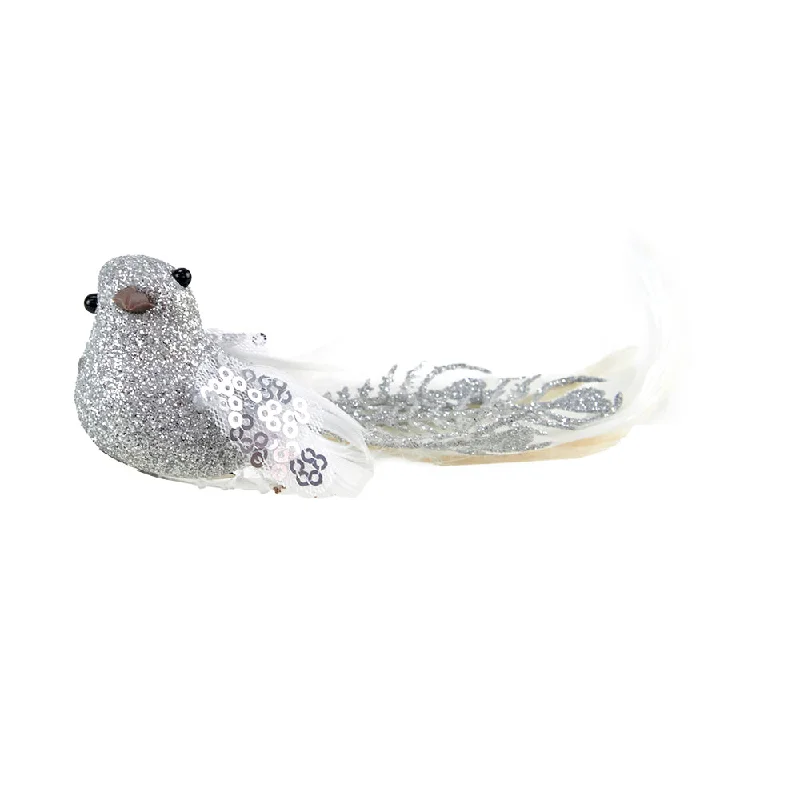 Christmas Feather Silver Bird White Wings, Silver White- 3 Assorted